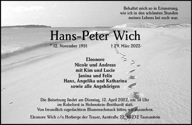  Traueranzeige für Hans Peter Wich vom 02.04.2022 aus vrm-trauer Wiesbadener Kurier