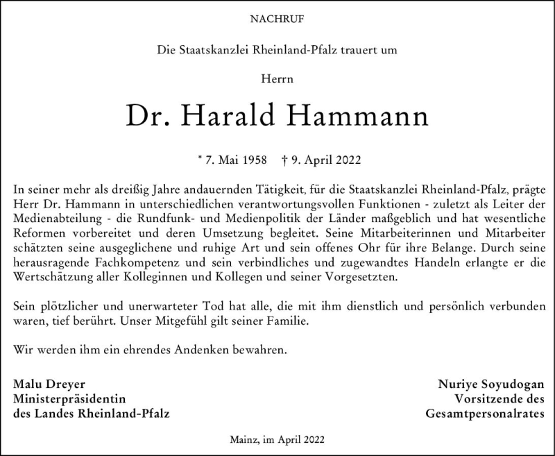  Traueranzeige für Harald Hammann vom 16.04.2022 aus vrm-trauer AZ Mainz