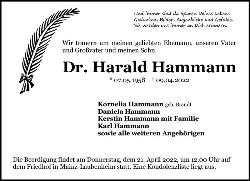  Traueranzeige für Harald Hammann vom 16.04.2022 aus vrm-trauer AZ Mainz