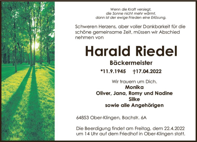  Traueranzeige für Harald Riedel vom 20.04.2022 aus vrm-trauer Darmstädter Echo