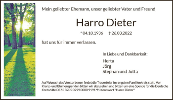 Traueranzeige von Harro Dieter von vrm-trauer Darmstädter Echo