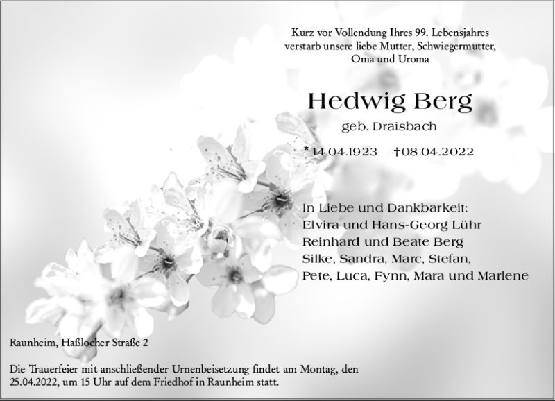  Traueranzeige für Hedwig Berg vom 22.04.2022 aus vrm-trauer Rüsselsheimer Echo / MainSpitze