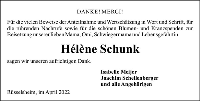  Traueranzeige für Helene Schunk vom 02.04.2022 aus vrm-trauer Rüsselsheimer Echo / MainSpitze