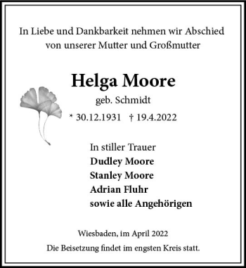 Traueranzeige von Helga Moore von vrm-trauer Wiesbadener Kurier