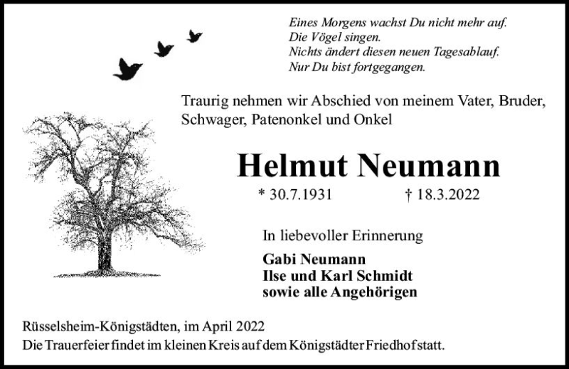  Traueranzeige für Helmut Neumann vom 02.04.2022 aus vrm-trauer Rüsselsheimer Echo / MainSpitze