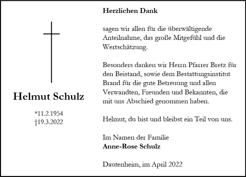 Traueranzeige für Helmut Schulz vom 16.04.2022 aus vrm-trauer Allgemeine Zeitung Alzey