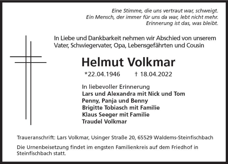  Traueranzeige für Helmut Volkmar vom 23.04.2022 aus vrm-trauer Idsteiner Zeitung