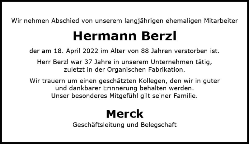  Traueranzeige für Hermann Berzl vom 23.04.2022 aus vrm-trauer Darmstädter Echo