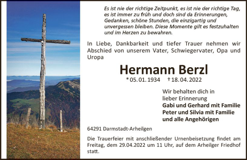  Traueranzeige für Hermann Berzl vom 23.04.2022 aus vrm-trauer Darmstädter Echo
