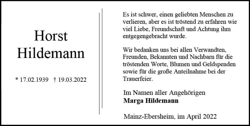  Traueranzeige für Horst Hildemann vom 16.04.2022 aus vrm-trauer AZ Mainz