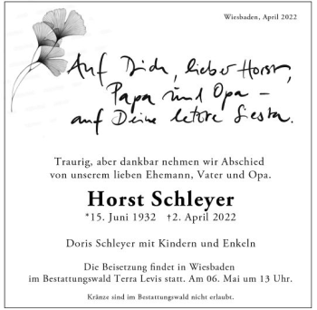 Traueranzeige von Horst Schleyer von vrm-trauer Wiesbadener Kurier