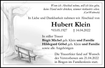 Traueranzeige von Hubert Klein von vrm-trauer Allgemeine  Zeitung Ingelheim-Bingen