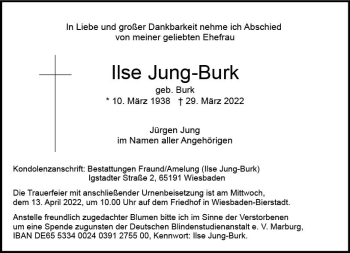 Traueranzeige von Ilse Jung-Burk von vrm-trauer Wiesbadener Kurier
