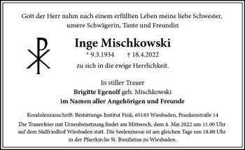 Traueranzeige von Inge Mischkowski von vrm-trauer Wiesbadener Kurier