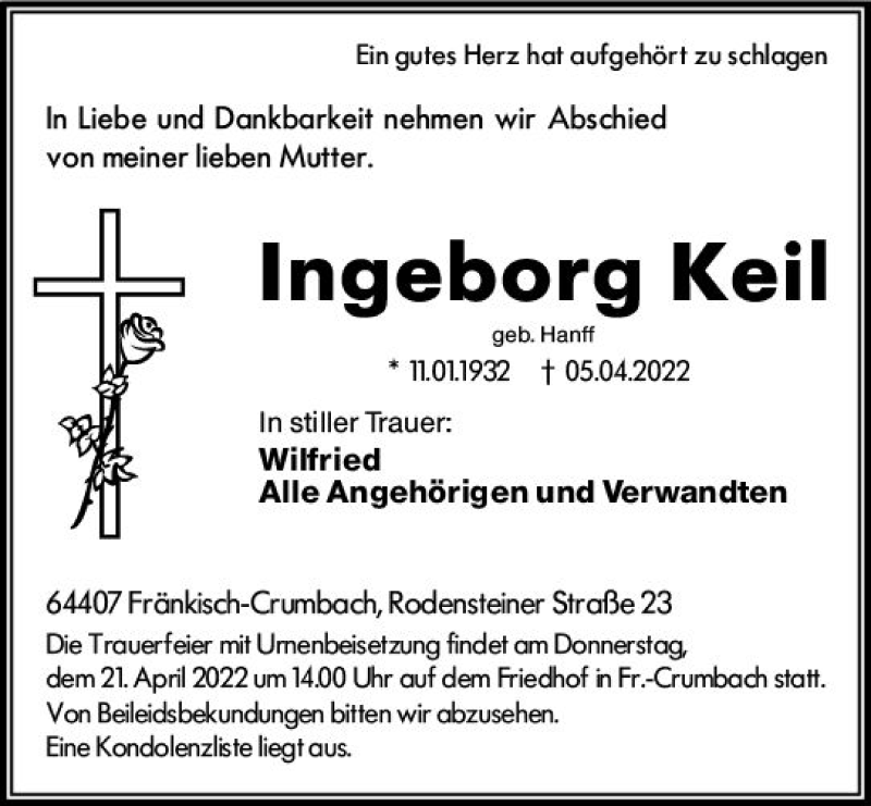  Traueranzeige für Ingeborg Keil vom 19.04.2022 aus vrm-trauer Odenwälder Echo