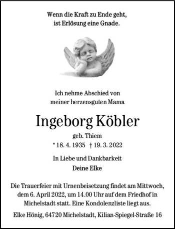 Traueranzeige von Ingeborg Köhler von vrm-trauer Odenwälder Echo