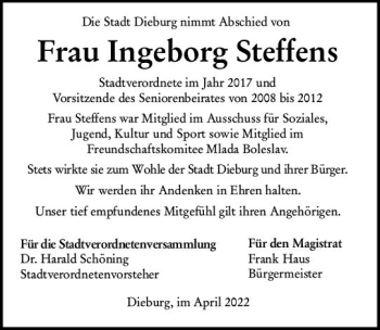 Traueranzeige von Ingeborg Steffens von vrm-trauer DieburgerAnzeiger/Groß-Zimmerner Lokala