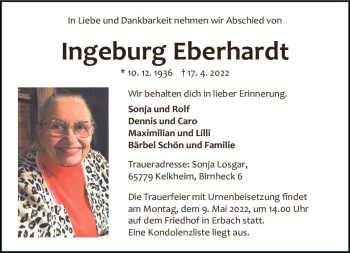 Traueranzeige von Ingeburg Eberhardt von vrm-trauer Odenwälder Echo
