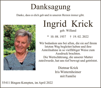 Traueranzeige von Ingrid Krick von vrm-trauer Allgemeine  Zeitung Ingelheim-Bingen