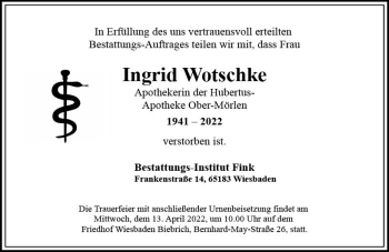 Traueranzeige von Ingrid Wotschke von vrm-trauer Wiesbadener Kurier