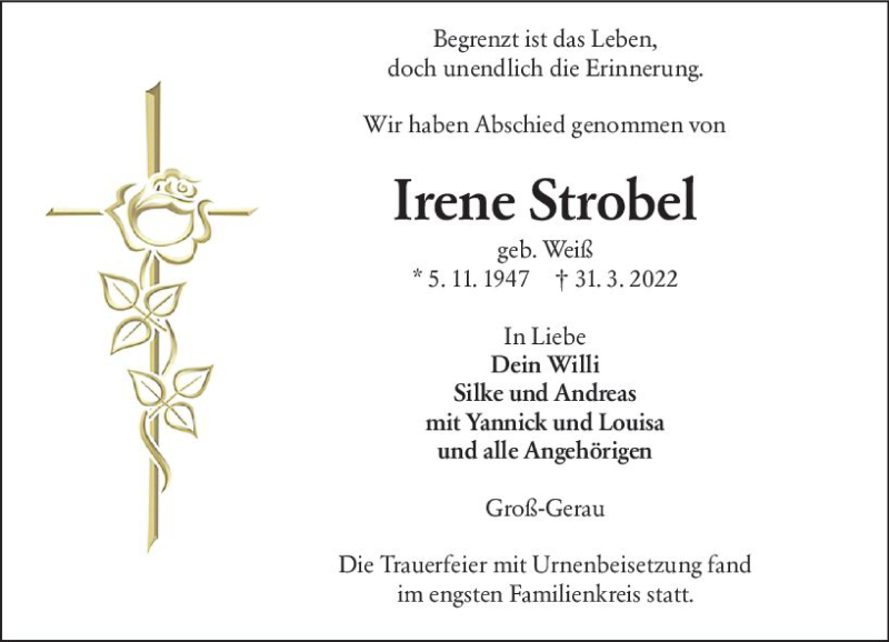  Traueranzeige für Irene Strobel vom 23.04.2022 aus vrm-trauer Groß-Gerauer Echo