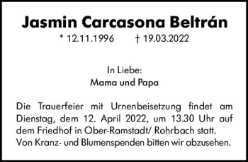 Traueranzeige von Jasmin Carcasona Beltran von vrm-trauer Darmstädter Echo