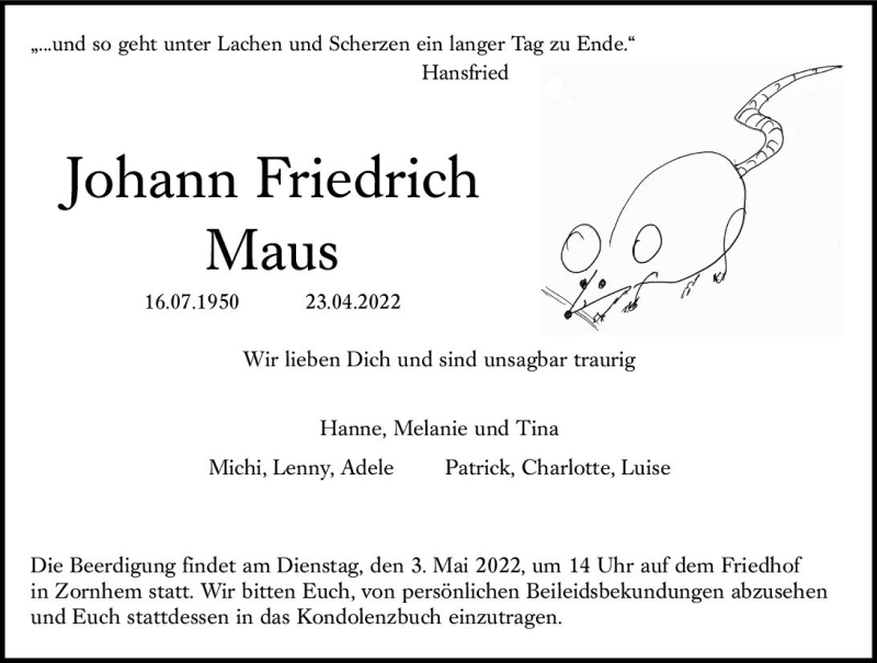  Traueranzeige für Johann Friedrich Maus vom 30.04.2022 aus vrm-trauer AZ Mainz