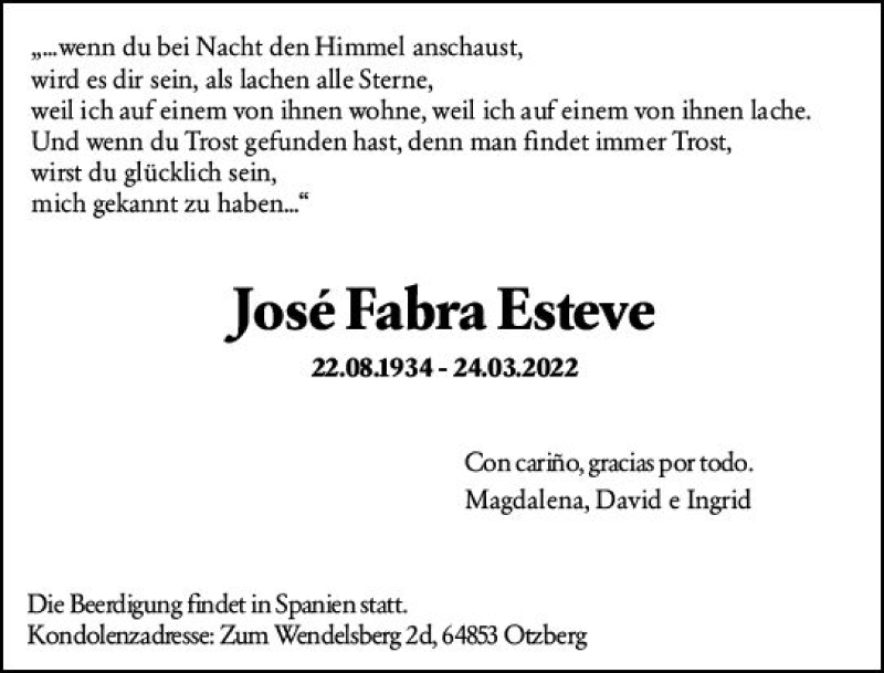  Traueranzeige für José Fabra Esteve vom 02.04.2022 aus vrm-trauer Darmstädter Echo