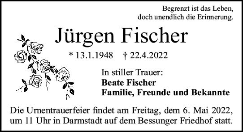  Traueranzeige für Jürgen Fischer vom 30.04.2022 aus vrm-trauer Darmstädter Echo