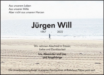 Traueranzeige von Jürgen Will von vrm-trauer Wormser Zeitung