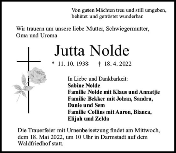 Traueranzeige von Jutta Nolde von vrm-trauer Darmstädter Echo