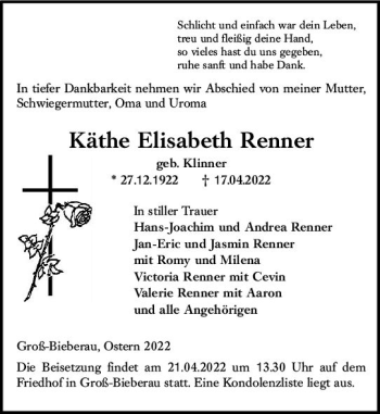 Traueranzeige von Käthe Elisabeth Renner von vrm-trauer Darmstädter Echo