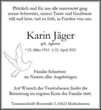 Traueranzeige von Karin Jäger von vrm-trauer Wiesbadener Kurier