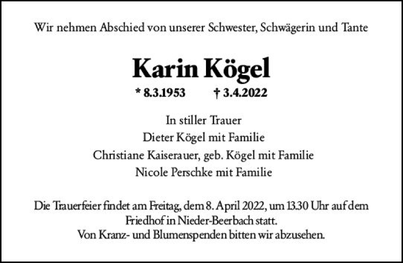  Traueranzeige für Karin Kögel vom 06.04.2022 aus vrm-trauer Darmstädter Echo