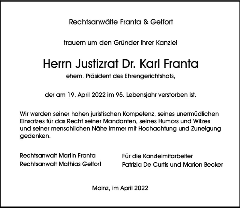  Traueranzeige für Karl Franta vom 23.04.2022 aus vrm-trauer AZ Mainz