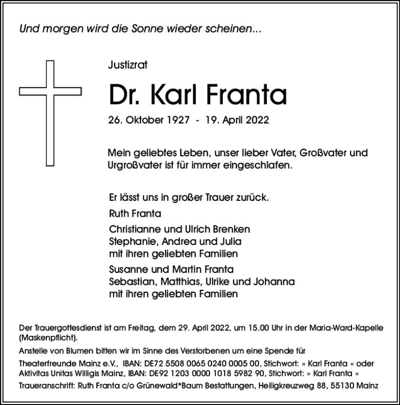 Traueranzeige für Karl Franta vom 23.04.2022 aus vrm-trauer AZ Mainz