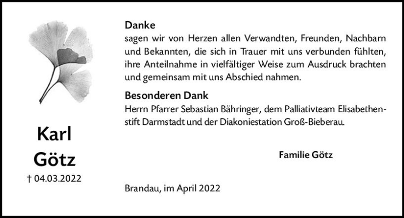  Traueranzeige für Karl Götz vom 09.04.2022 aus vrm-trauer Darmstädter Echo