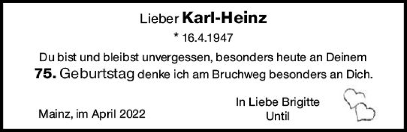  Traueranzeige für Karl-Heinz  vom 16.04.2022 aus vrm-trauer AZ Mainz