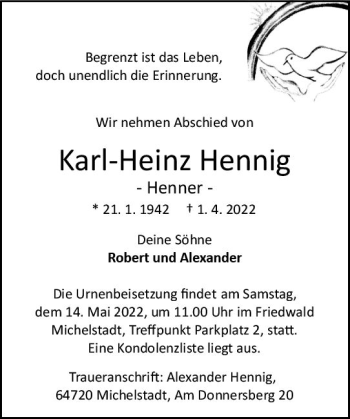 Traueranzeige von Karl-Heinz Hennig von vrm-trauer Odenwälder Echo