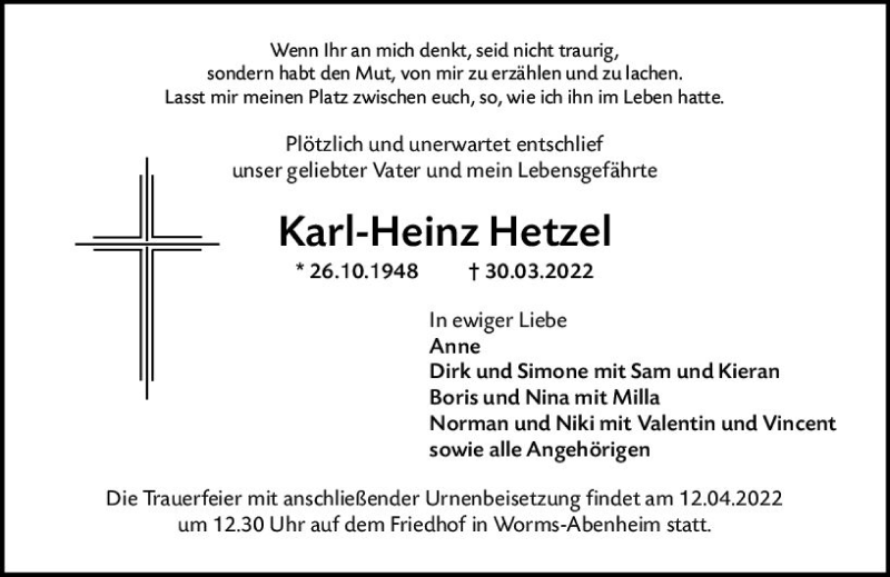  Traueranzeige für Karl-Heinz Hetzel vom 07.04.2022 aus vrm-trauer Wormser Zeitung