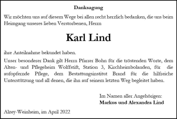 Traueranzeige von Karl Lind von vrm-trauer Allgemeine Zeitung Alzey