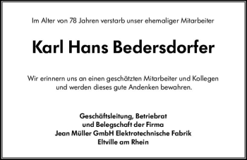 Traueranzeige von Karl Hans Bedersdorfer von vrm-trauer Rheingau