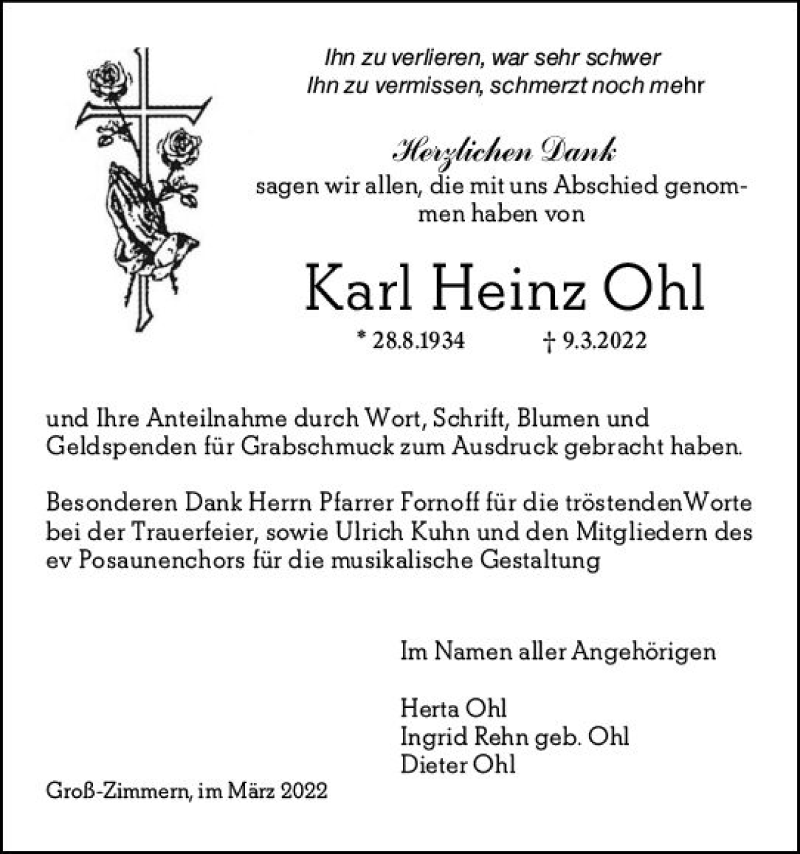  Traueranzeige für Karl Heinz Ohl vom 09.04.2022 aus vrm-trauer DieburgerAnzeiger/Groß-Zimmerner Lokala