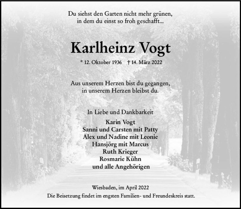  Traueranzeige für Karlheinz Vogt vom 02.04.2022 aus vrm-trauer Wiesbadener Kurier