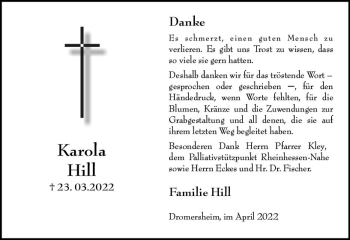 Traueranzeige von Karola Hill von vrm-trauer Allgemeine  Zeitung Ingelheim-Bingen