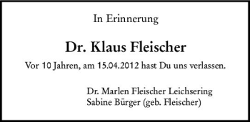 Traueranzeige von Klaus Fleischer von vrm-trauer Wiesbadener Kurier