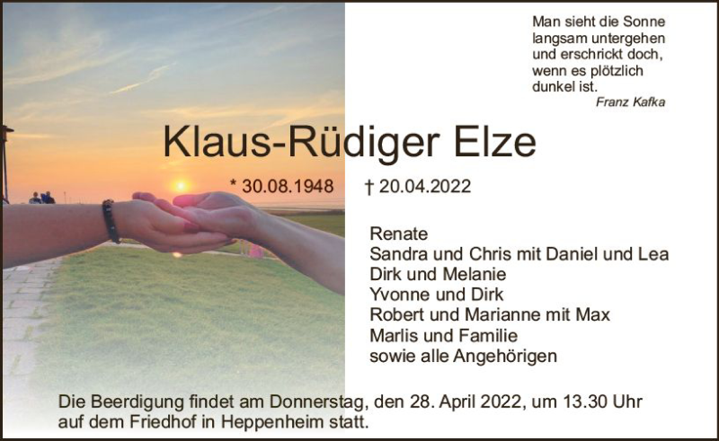  Traueranzeige für Klaus-Rüdiger Elze vom 23.04.2022 aus vrm-trauer Bürstädter/Lamperth. Ztg/Starkenburger
