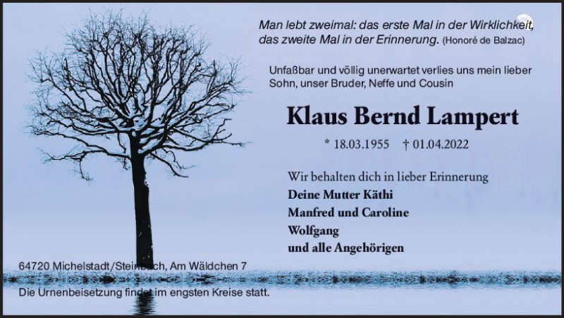  Traueranzeige für Klaus Bernd Lampert vom 09.04.2022 aus vrm-trauer Odenwälder Echo