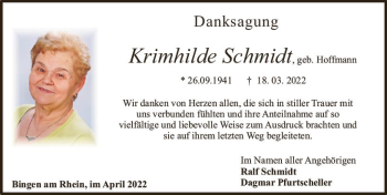 Traueranzeige von Krimhilde Schmidt von vrm-trauer Allgemeine  Zeitung Ingelheim-Bingen