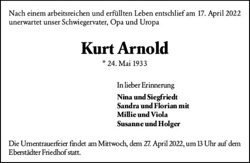  Traueranzeige für Kurt Arnold vom 23.04.2022 aus vrm-trauer Darmstädter Echo